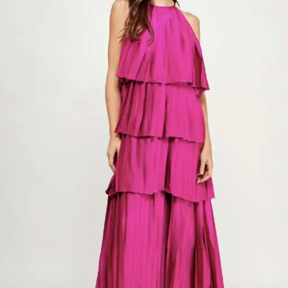 NWT | Strut & Bolt | Pleated Satin Tiered Maxi Dress - Picture 4 of 5